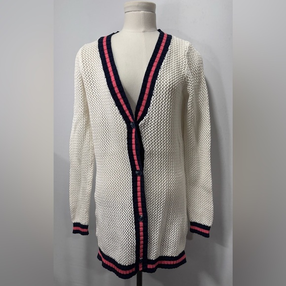 Crown & Ivy white open crochet knit long line V neck button down cardigan - Picture 1 of 12